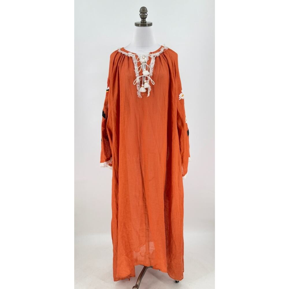 March 11 Orange Linen Embroidered Tassel Tie Maxi Dress NWT
